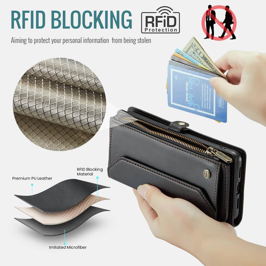 For Google Pixel 9 Pro XL 8Pro 7A Case with Pen Holder Slot, RFID Blocking Wallet Case with Card Holder Zipper Strap PU Leather