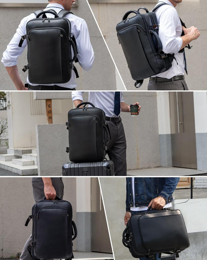 Masa Kawa Men's Genuine Leather Business Backpack, Square Design, 3-Way Expandable Capacity, Fits 15.6-inch PCs, YKK Zippers, Anti-Theft, Waterproof,