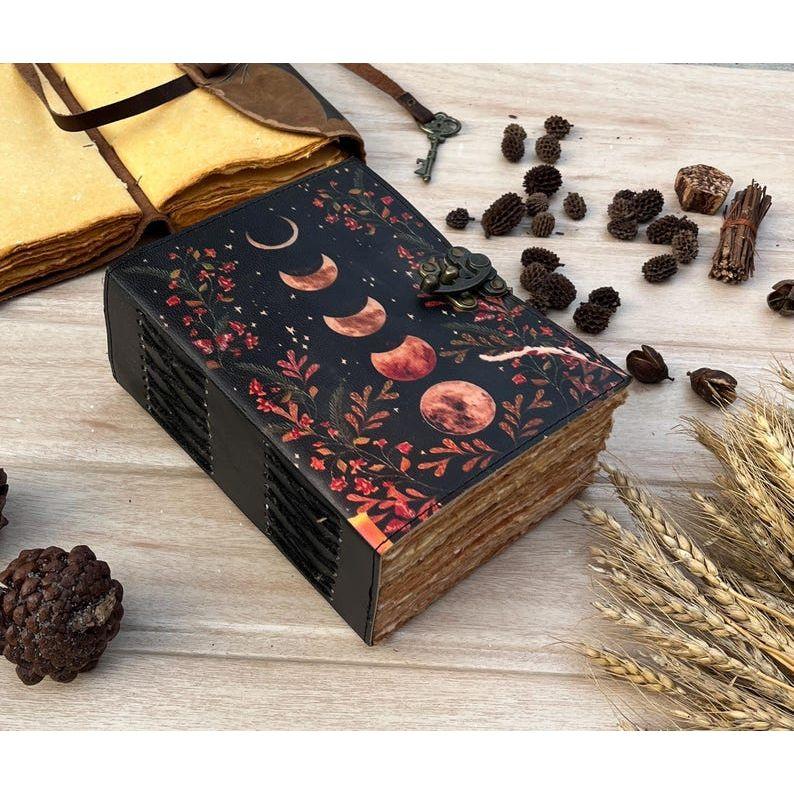 Large Leather Grimoire Journal: Moon Phase Book of Shadows