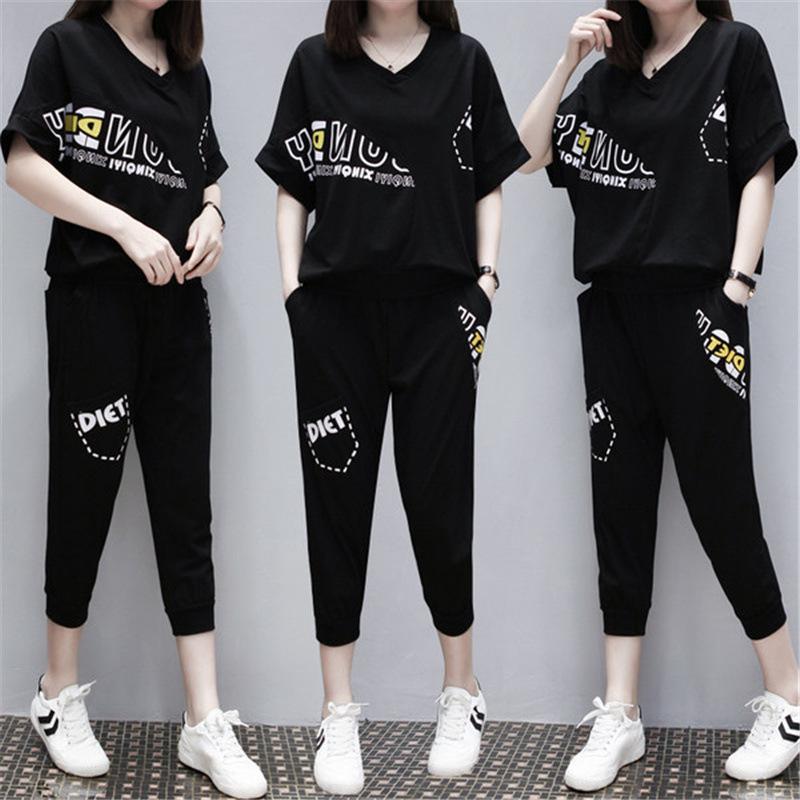Summer 2024 Korean Style Plus Size Women's Sportswear Set - Short Sleeve Top & Seven-Point Pants