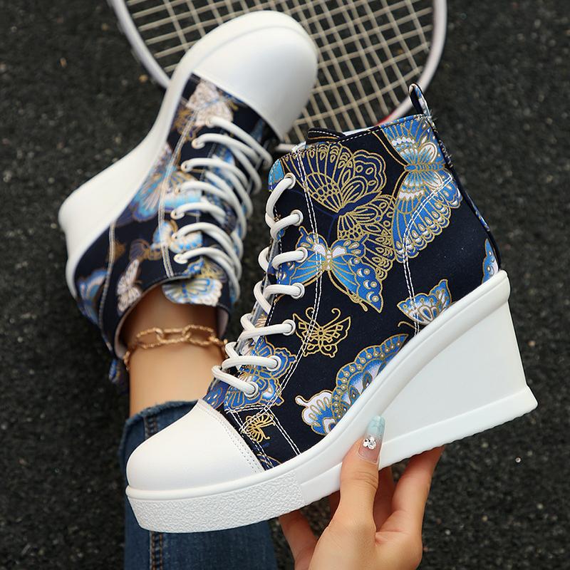 Fashion Fashion Butterfly Print Wedge Sneakers for Women Lightweight High Top Canvas Shoes Woman Comfort Lace Up Casual Walking Shoes