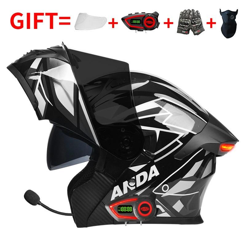 Bluetooth Smart Tail Light Motorcycle Flip-Up Helmet Men Women All Season Full Face Off-Road Riding