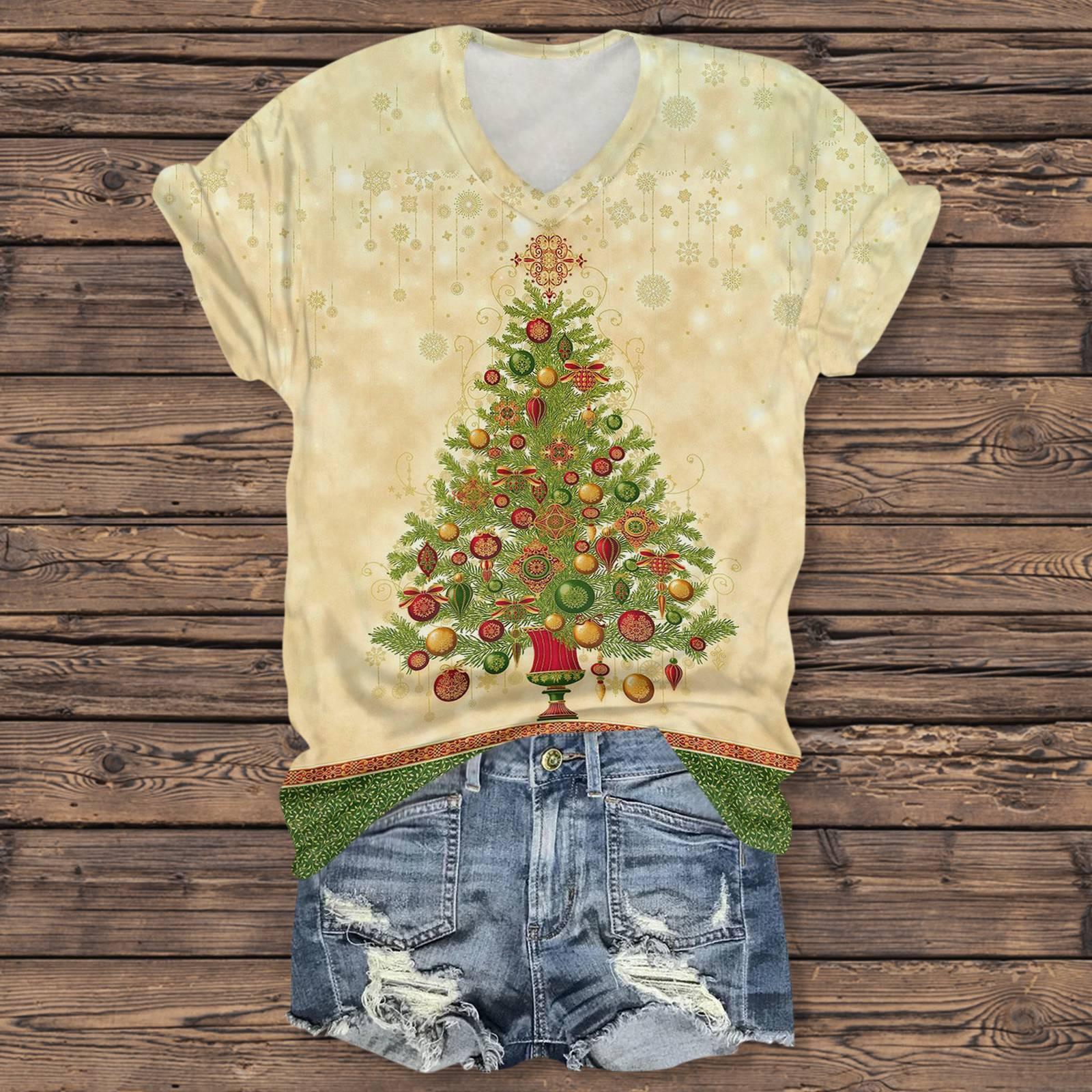 

Женская повседневная футболка с коротким рукавом и V-образным вырезом со снежинками S