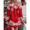 Winter Long Sleeve Loose Print Christmas Party Dress Women Elegant Skew Collar Red Casual Dresses Women Vintage Fashion Thin Sexy Short Dress 25873