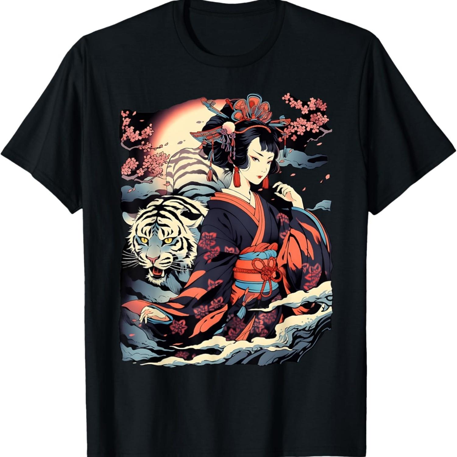 Make a Statement with This Bold Geisha and Tiger Tattoo T-Shirt S чёрный
