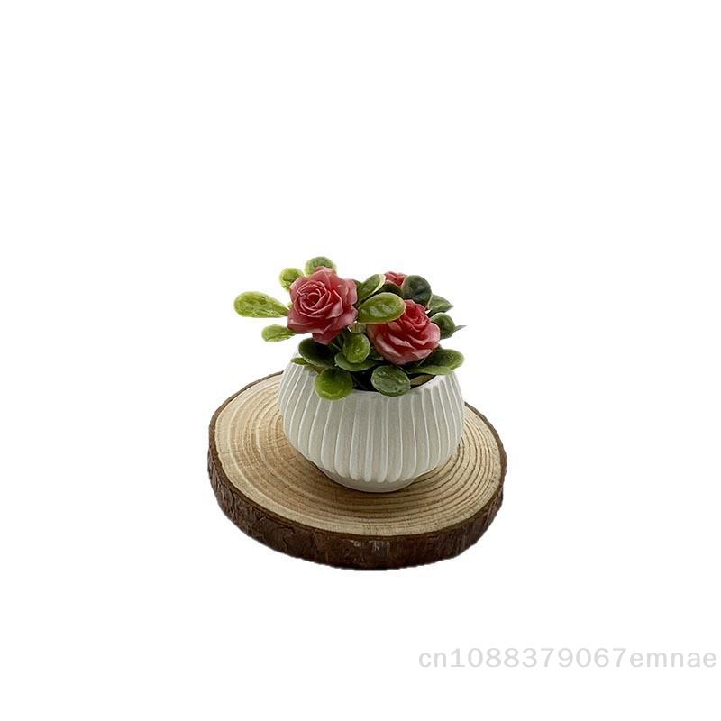 [ZYAS]1Pcs Doll House Living Room Scene Decoration Mini Rose Plant Potted Plants Model Miniature Landscape Handicrafts