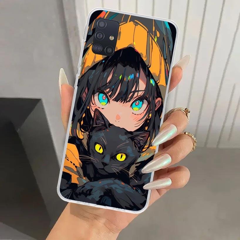 Anime Girls Cute Black Cat Phone Case for Samsung Galaxy A52 A32 A22 A12 A02S A50S A30S A10S Note 20 Ultra 10 Plus S10 A31 A20 A