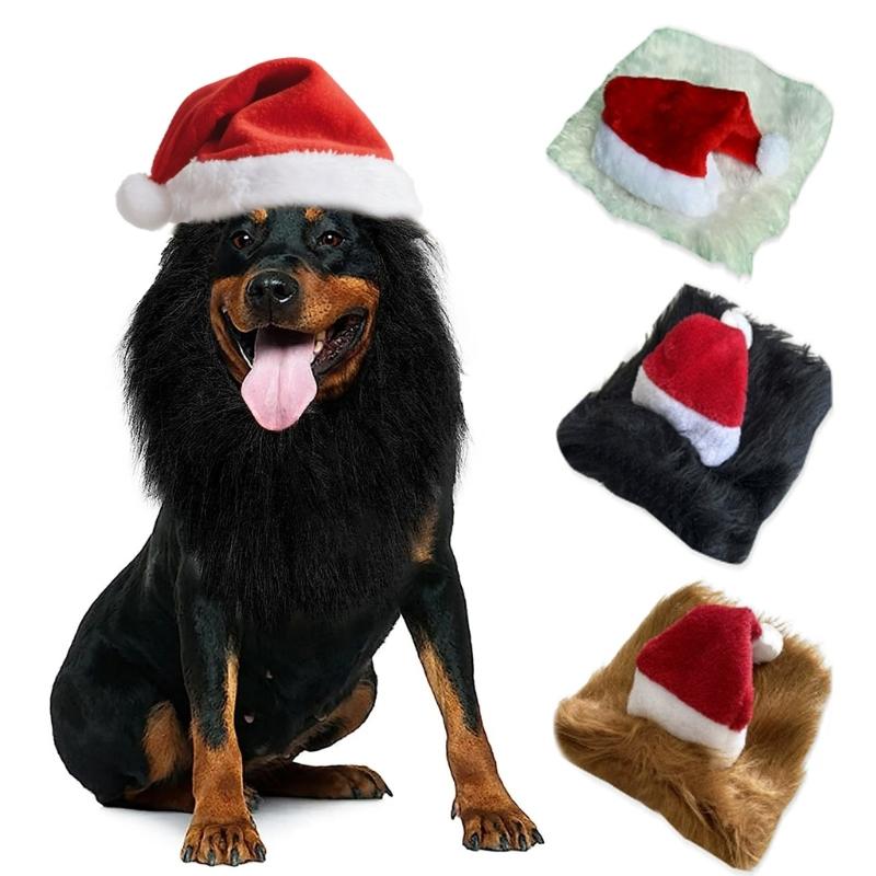 Dog Christmas Costume Lions Mane Wigs And Santa Hat For Holiday Parties Pet Dress Up