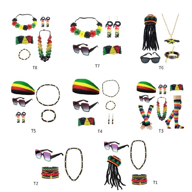 Rastafarian Women's Jewelry Set Juneteenth Jamaica African Accessories Headband,Sunglasses,Wood Dangle Earrings,Necklace