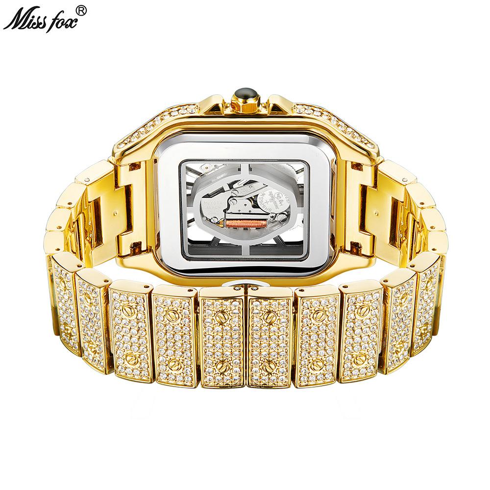 MISSFOX-Fashionable Square Men's Watch Small Niche Design Hollowed Out Hip-hop Full Diamond English Watch