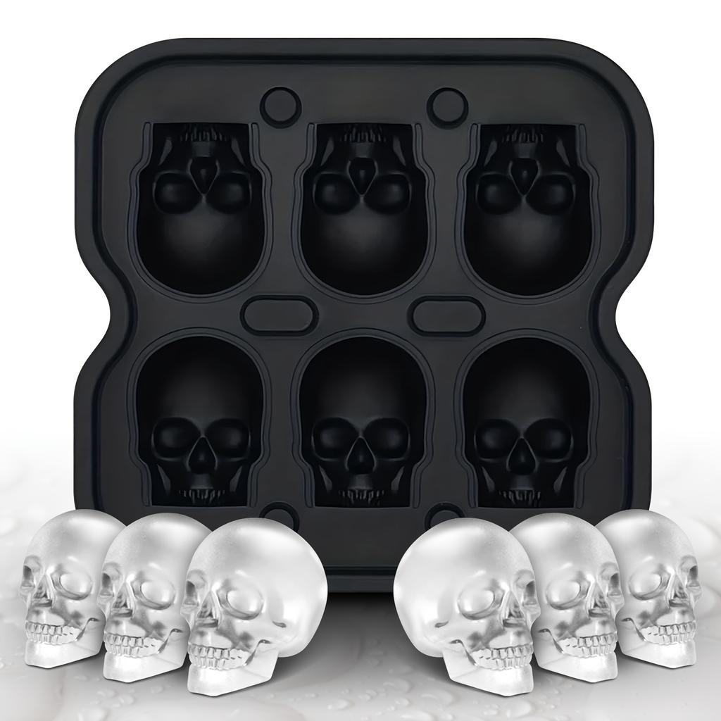 Kreative 6-Kammer Totenkopf-Silikon-Eiswürfelform, Lebensmittelechte Wiederverwendbare Eisform für Whiskey, Cocktails, Party
