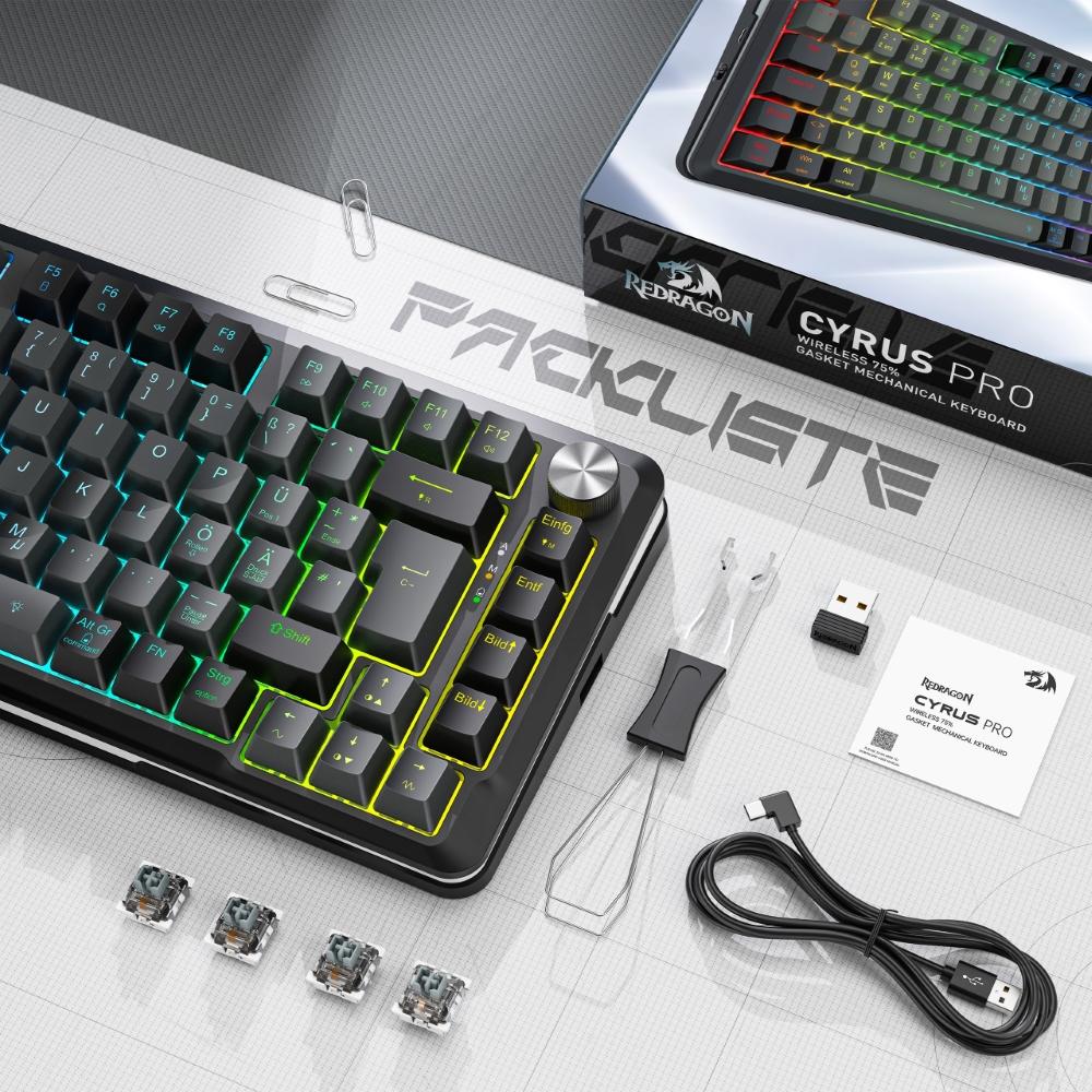 Redragon K681GB-PRO-DE Tri-mode Mechanical Keyboard, RGB Dragon Roar Switches, Hot-swappable, 4000mAh Battery, with Knob and Black/Gray Keycaps