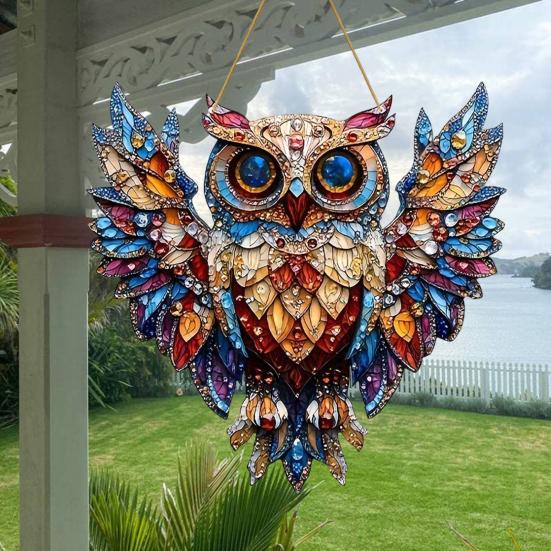 2Pcs Owl Pendant, Waterproof Acrylic Indoor Outdoor Decoration, 2D Printing Stained Glass Style Colorful Light Effect Owl Ornament with Lanyard