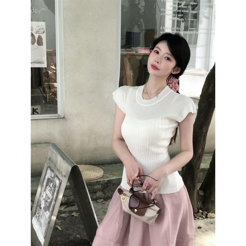 Khaki Small Flying Sleeve T-shirt Women's Summer New Sweet Temperament Slim Slim Niche Sweater Top