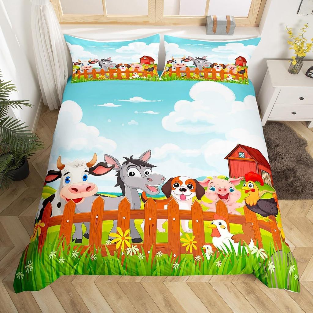 Comforter Cute Cartoon Farm Animal Truck Tractor Bedding Set Farmhouse Country Cozy Comforter For Boys Teen Room Decor