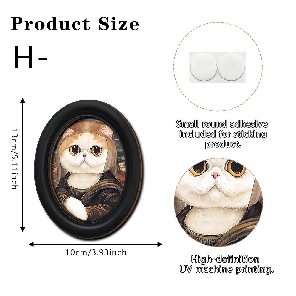 Durable 2D Abstract Wall Art Wooden Black Frame Wall Decor Oval Shaped Adhesive Mounting Cat Portrait Decor Living Room