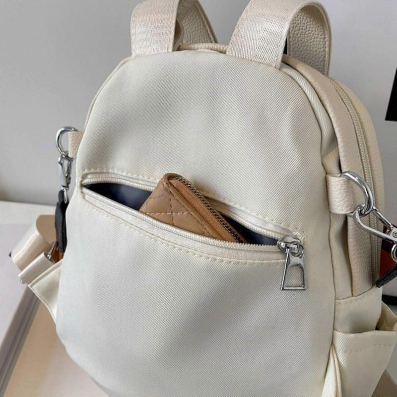 Womens Nylon School Backpack Simple Solid Color Adjustable Strap Zippered Crossbody Bag Multi Pockets Shoulder Book Bag  Black