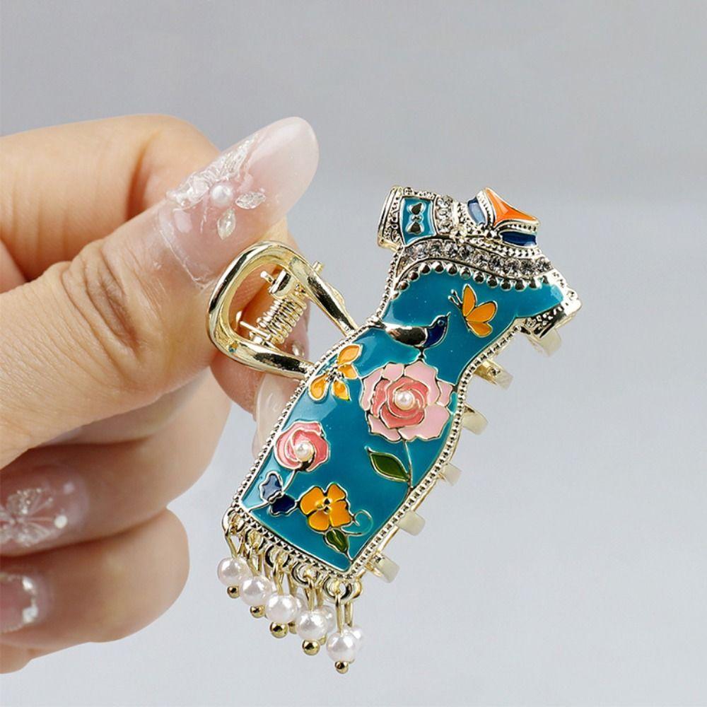 enamel Chinese Style Hair Claw Pearl Metal Shark Clip Cheongsam Design Hair Clip  Girls