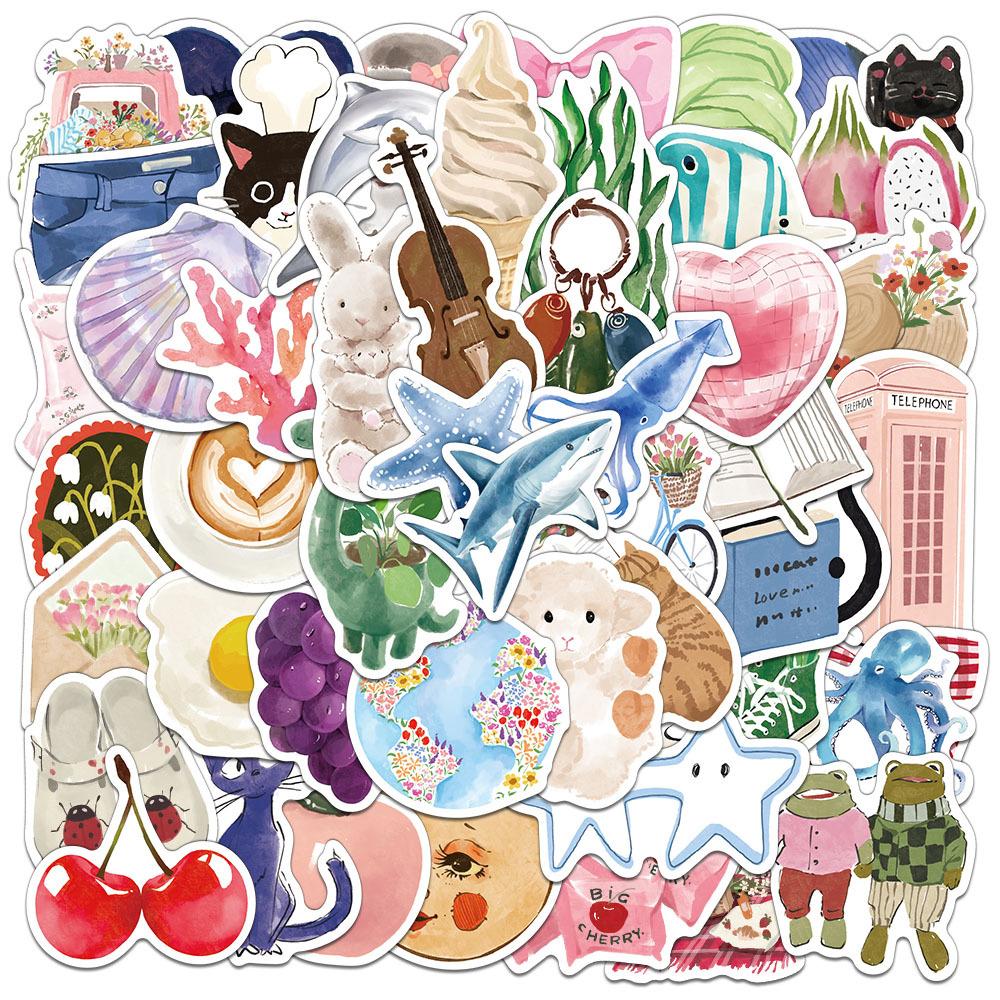 10/30/50/100pcs INS Style Watercolor Cartoon Stickers Aesthetic Decals Waterproof Decorative Scrapbook Phone Cute Sticker Gifts