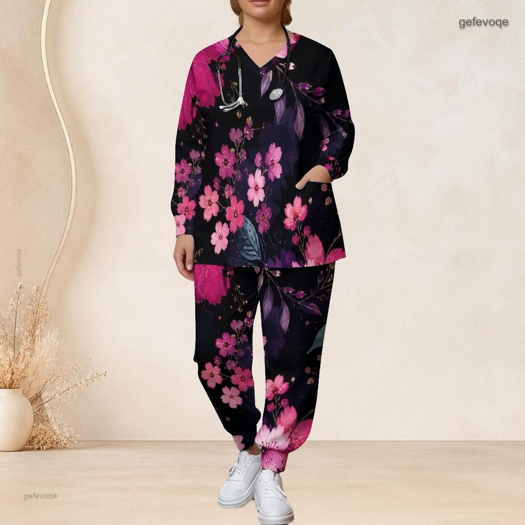 Women Plus Size Black Pink Floral Printed Nurse Scrub Set V Neck Long Sleeve Pockets Top Long Pants