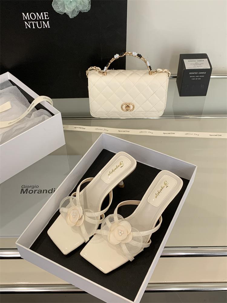 French one-word with square head open-toed sandals women's stiletto high heels fairy style 2025 summer new flower slippers