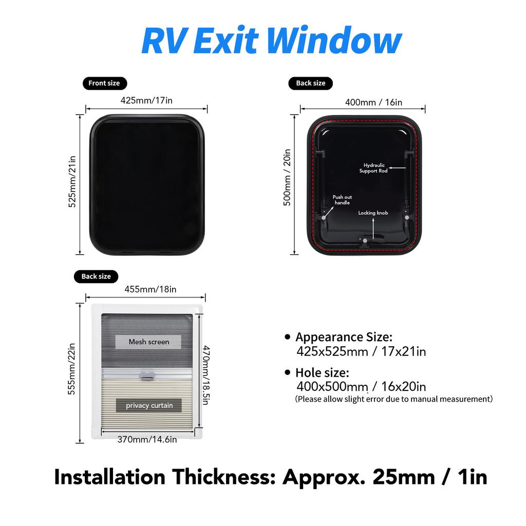 16 X 20in RV Window Rounded Corner Double Layer Acrylic Hydraulic Support Rod Privacy Protection for Caravan Trailer