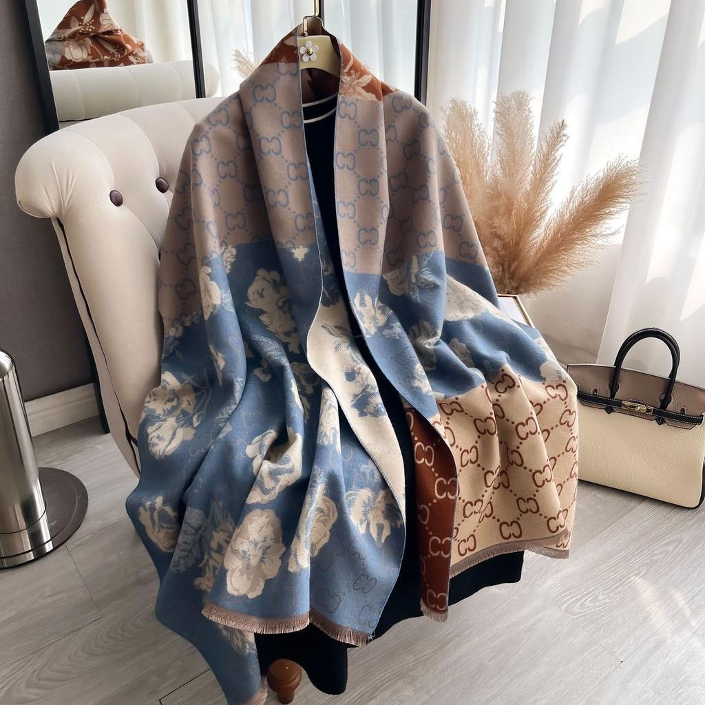 Short Beard Tassel Korean Version Of The Letter Camellia Splicing Fashion Versatile Confident Women Imitation Cashmere Thickened Scarf
