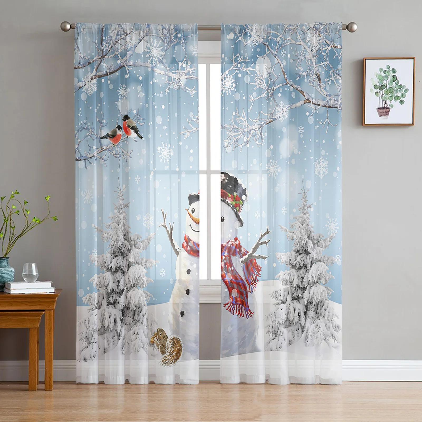 

Christmas Tree Snowman Snowflake Blue Sheer Curtains for Living Room Decoration Window Curtains Kitchen Tulle Voile Curtains (As shown-2721)-W135 x H115cm x1
