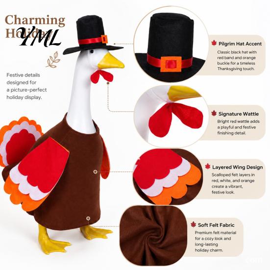 Festive Outdoor Goose Clothing 1 Set Turkey Outfit, Thanksgiving Porch Costume, Outfit with Top Holiday Statue Clothes Hat And Wings for 23
