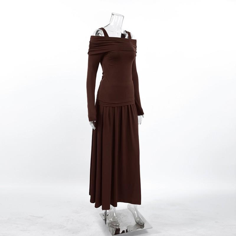 Womens 2-Piece Set Long Sleeve Sweet Top Pleated Midi Skirt Elegant Commute Outfit