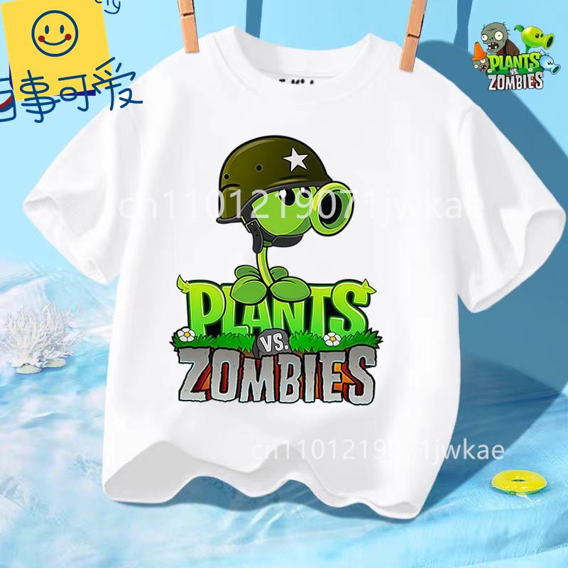Sommer Rundhals T-Shirt für Jungen Mädchen Lässig Tägliche Kleidung Plants Vs Zombies Niedlich Kawaii Cartoon Mode Street Style 312Y