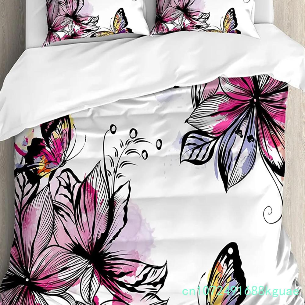 Juego de Cama Floral Edredón Funda Nórdica Fundas de Almohada Amapolas de la Temporada de Primavera Flores Pastorales Cubierta de Cama Bot Juego de Cama Doble