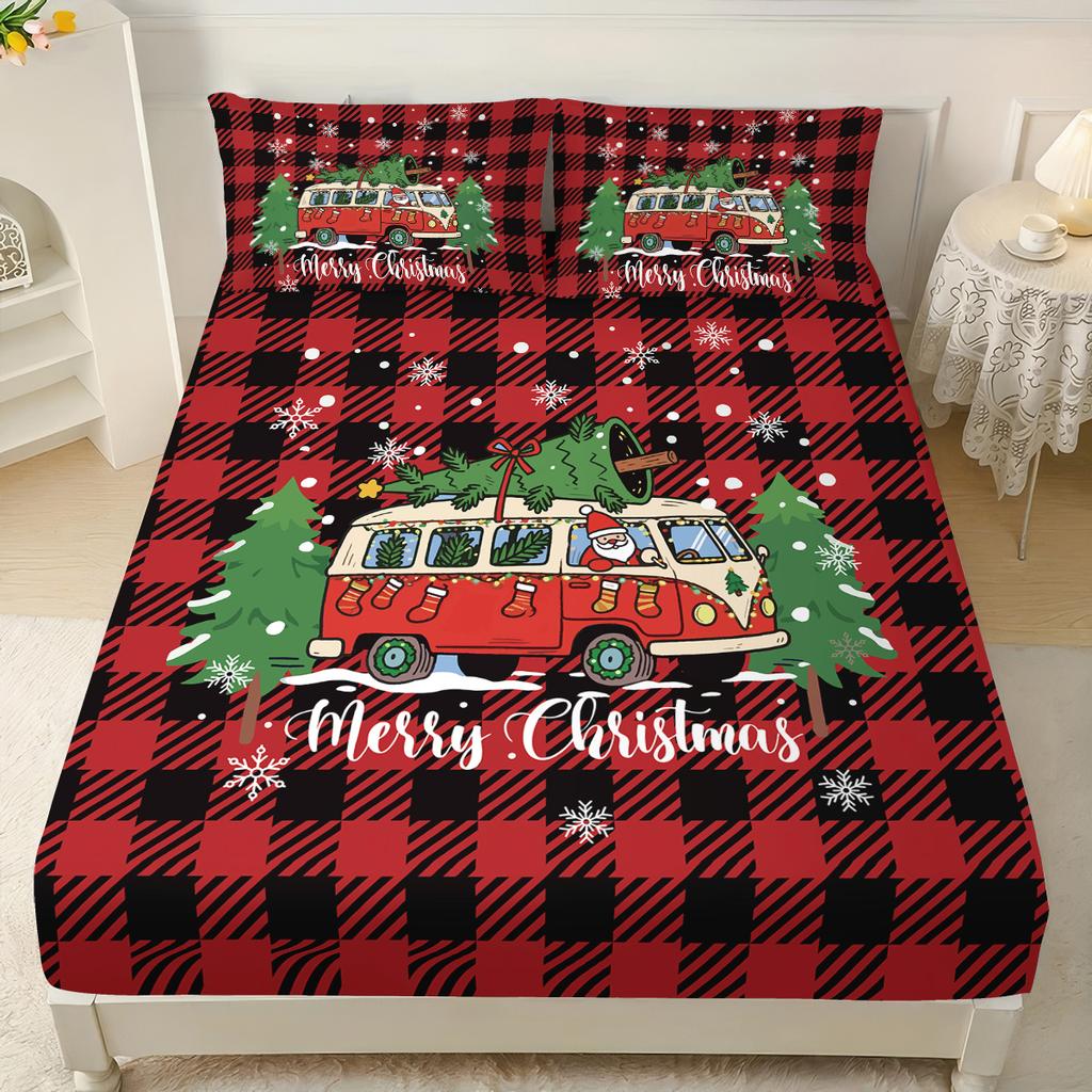 3pcs red checkered Christmas truck print coreless bed sheet set multi size bedcover bedroom bedding decoration machine washable