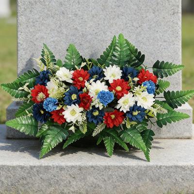 Kunstbloem voor Memorial Day voor Begraafplaats UV-bestendig Rood Wit Blauw Patriottisch Wildebloemenboeket voor Veterans Day Grafsteen Decoratie