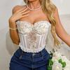 Women Floral Print Lace Trim Mesh Bustier Corset Top