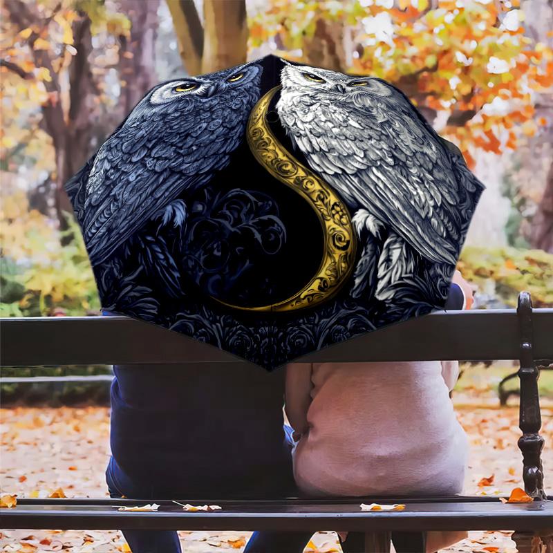 Two Owls pattern, automatic folding umbrella, portable and foldable design, 8 ribs, a Christmas or birthday gift.