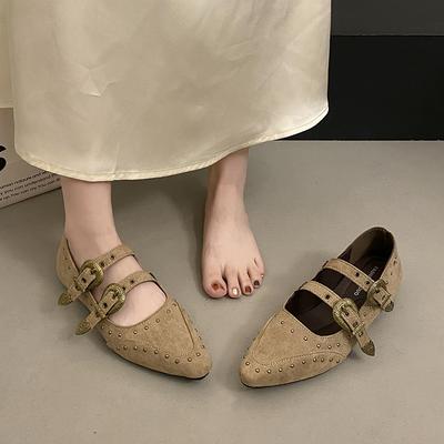 Retro Pointed Soft Leather Mary Jane Shoes Women's 2025 Niche Rivets Inner Height Increase Casual One-pedal Shallow Single Shoes