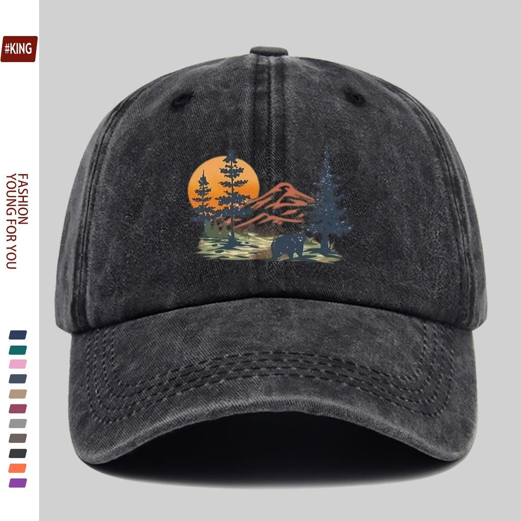 Mountain Bear Sunset Graphic Washed Cotton Baseball Cap Outdoor Adjustable Snapback Hat