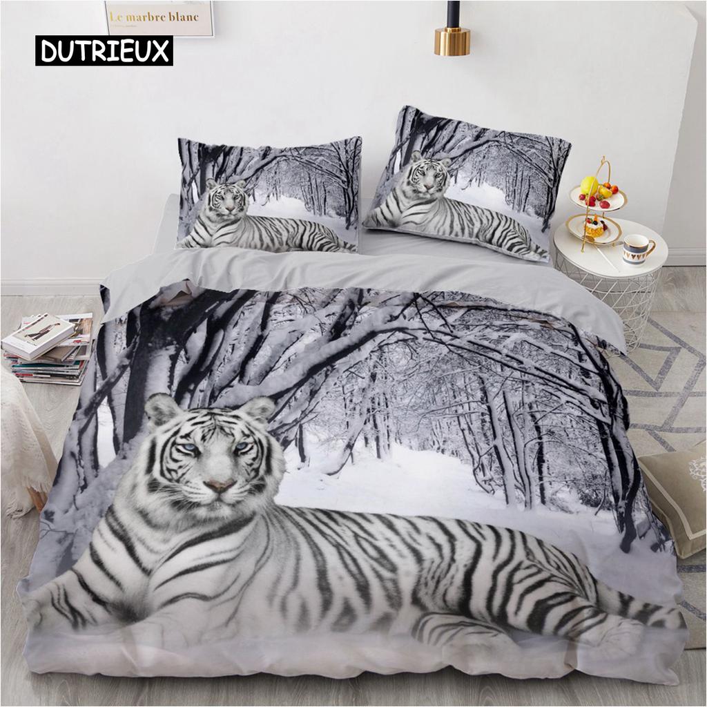 3D Bedding Set Black Duvet Quilt Cover Set Comforter Cover Pillowcase King Queen Size Animal Tiger Printed Polyester Quilt Cover