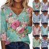 Damenmode Lässig Dreiviertelarm Raglanärmel Vintage Blumenmuster V-Ausschnitt Oberteil
