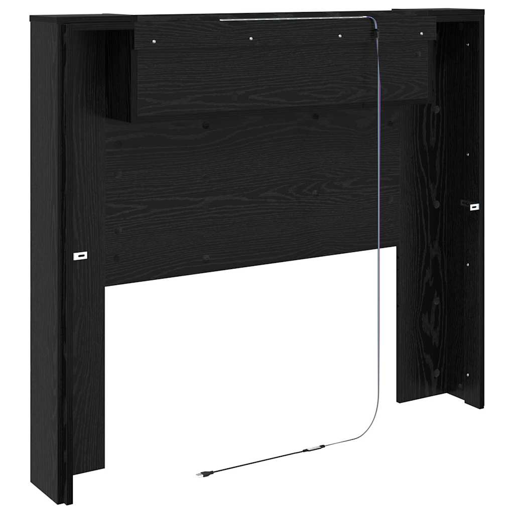 Storage Headboard with LED Black Oak Wood Based Material