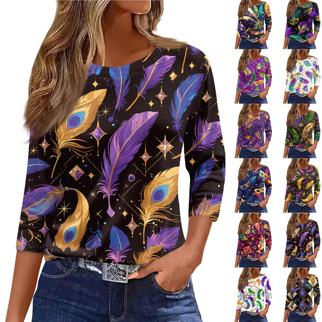 3/4 Length Sleeve Womens Tops Floral Print Vintage Fashion Casual Loose With Round Neck Plus Size Shirts
