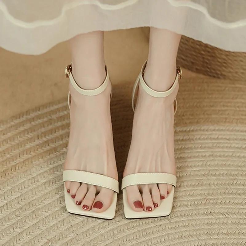 Ankle Strap High Heeled Sandals Women Fashion Pu Leather Square Toe Sandles Woman Summer Buckle Party Pumps Shoes Female