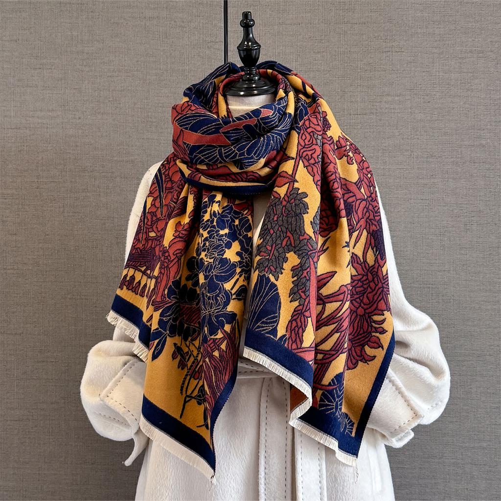 Autumn new plant flower jacquard scarf women's thickened warm multi-functional scarf with decorative shawl
