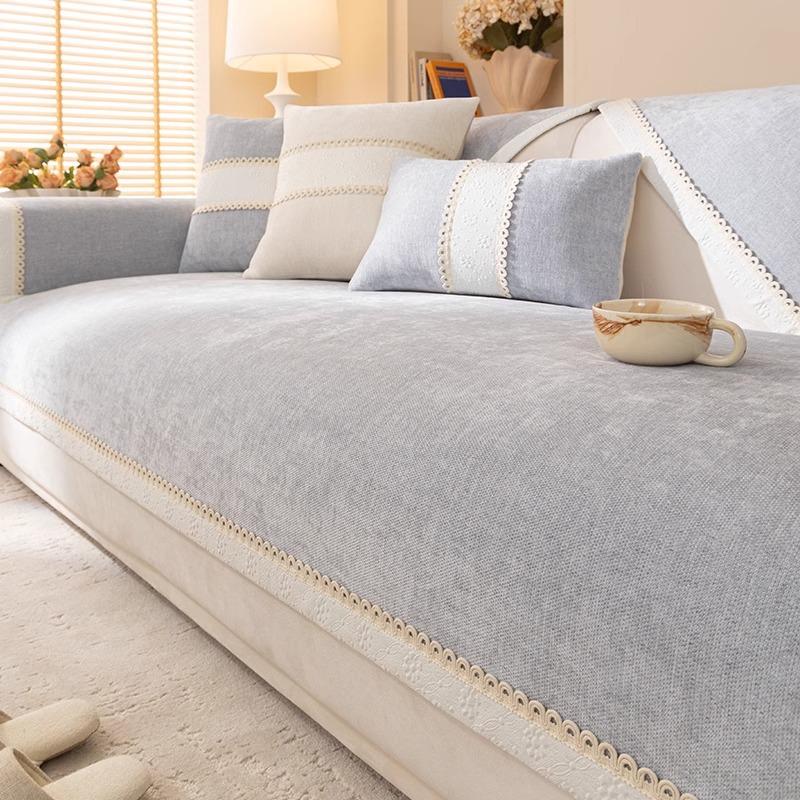 Universal-Sofabezug für vier Jahreszeiten, cremefarbener Stil, rutschfester Sofabezug, Chenille, einfarbig, Jacquard-Spitze, Sofakissen, Rückenlehnentuch