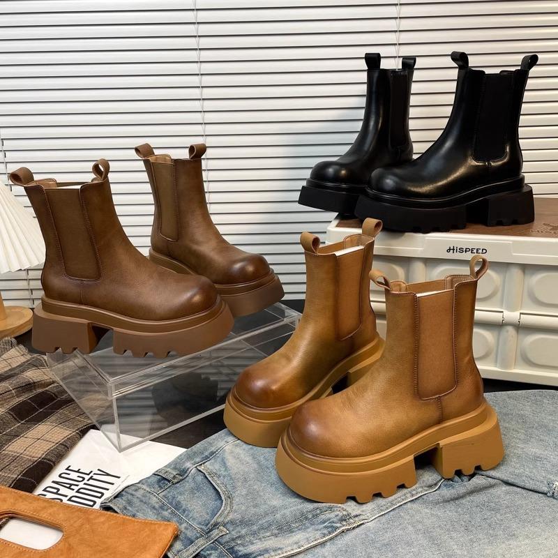 Thick Soled Black Chelsea Short Boots with Sleeves British Style Martin Boots Women's Shoes New Mid Pipe Chimney Boots