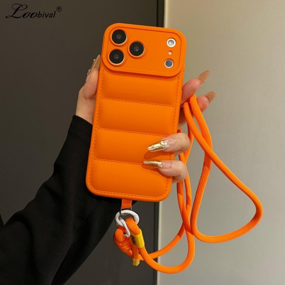 Fashion Down Jacket Lanyard Crossbody Case for iPhone 17 16 15 Pro Max 14 Plus 13 12 11 Air X Xr Xs Long Strap Solid Color Cover