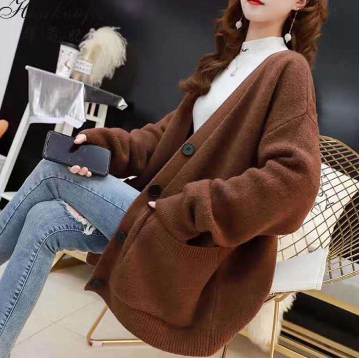2025 Korean Style Women's V-Neck Knitted Cardigan: Loose-Fit, Solid Color, Single-Breasted with Pockets