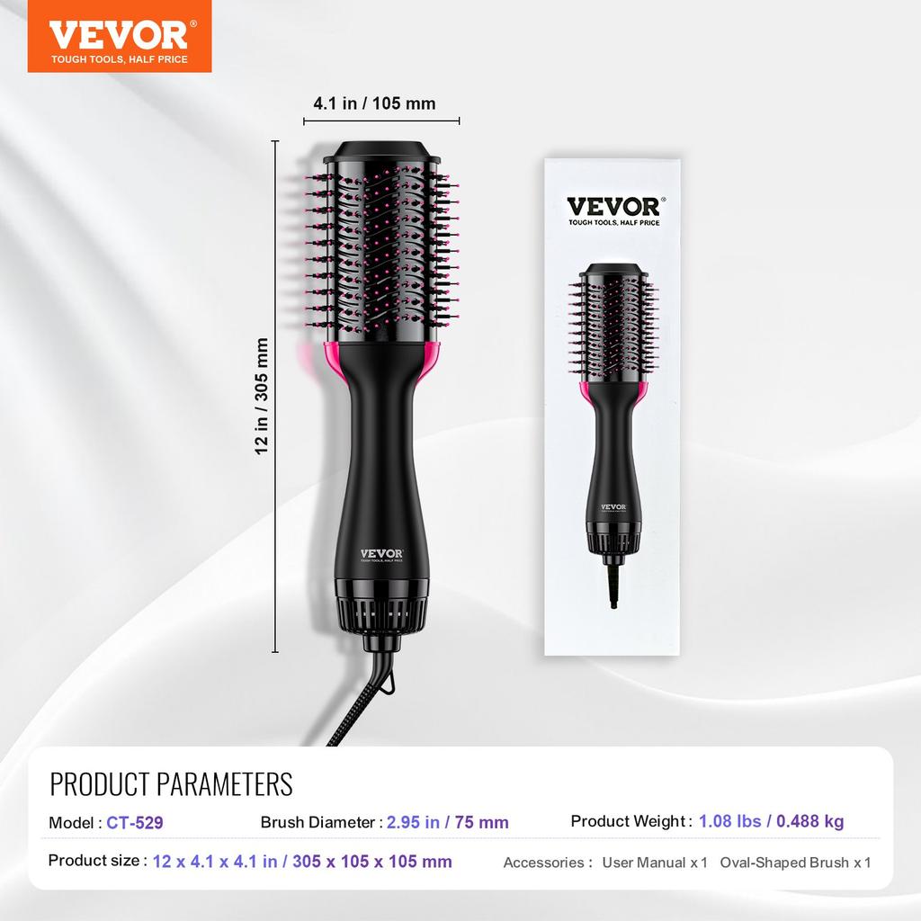 VEVOR Hair Blow Dryer Brush, 4 in 1 Ionic Hair Dryer and Styler Volumizer with 75mm Ceramic Coating Oval Barrel & 3 Heat Settings
