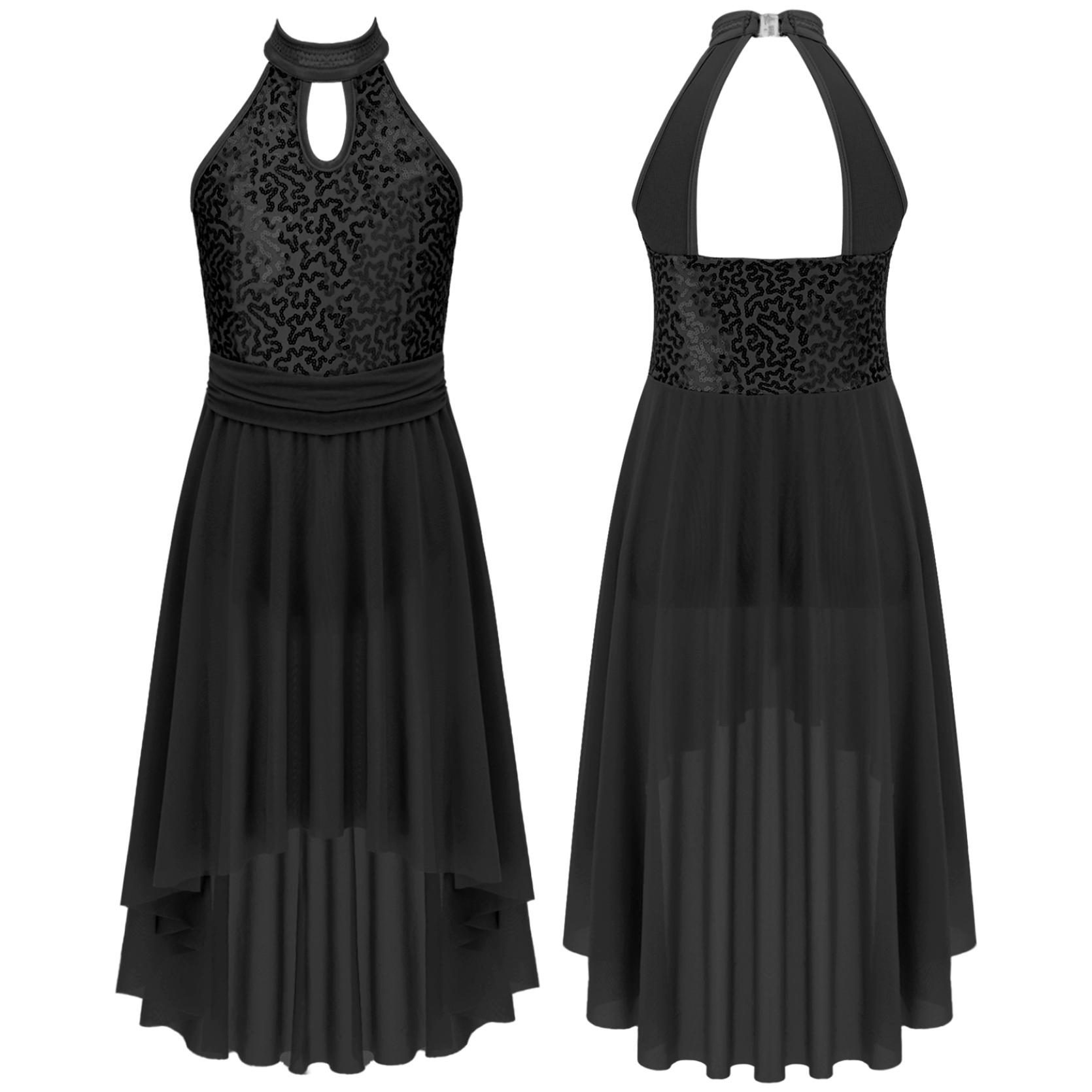 

Платье без рукавов с открытой спиной и блестками, нерегулярный подол, вуаль для детей, девочек, сценическое выступление 15-16 Years чёрный